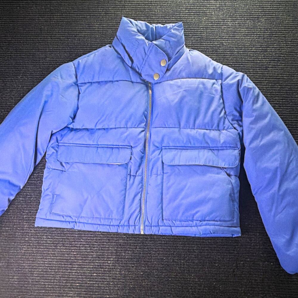 Pilcro Women’s XS Blue Satin Puffer Jacket Quilted Shiny Full Zip Y2K Trendy
